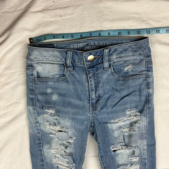 American Eagle Hi-Rise Jeggings Super Stretch Bleached Distressed Light Wash - Picture 13 of 15
